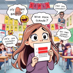 A lighthearted clipart scene showing a girl excitedly receiving her test results, only to be shocked and disappointed to see a low grade marked in red on the paper