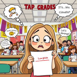 A lighthearted clipart scene showing a girl excitedly receiving her test results, only to be shocked and disappointed to see a low grade marked in red on the paper