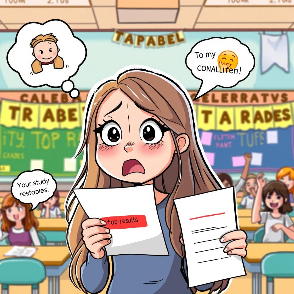 A lighthearted clipart scene showing a girl excitedly receiving her test results, only to be shocked and disappointed to see a low grade marked in red on the paper