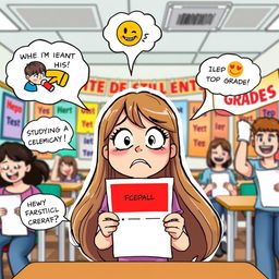 A lighthearted clipart scene showing a girl excitedly receiving her test results, only to be shocked and disappointed to see a low grade marked in red on the paper