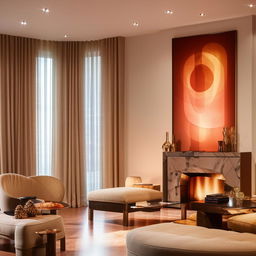 A luxurious and modern living room with trendy furniture, a glowing fireplace, large windows draped with elegant curtains, on a well-polished wooden floor, with enchanting wall art and warm ambient lighting