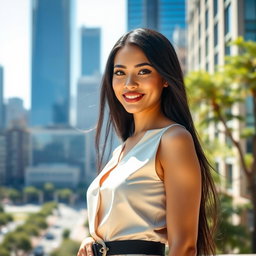 A stunning woman with long, flowing black hair, standing confidently in a sunlit cityscape
