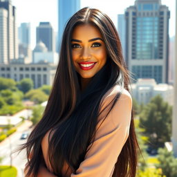A stunning woman with long, flowing black hair, standing confidently in a sunlit cityscape