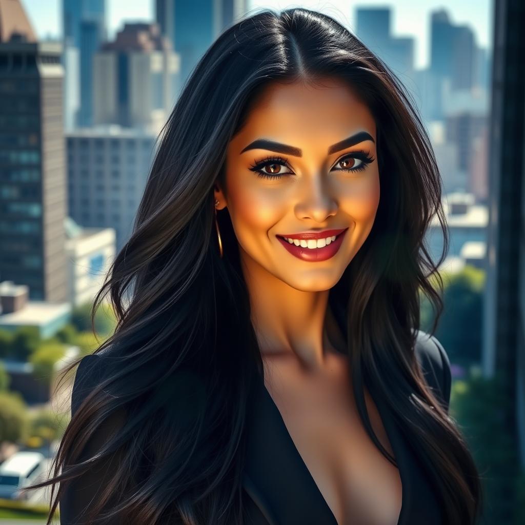 A stunning woman with long, flowing black hair, standing confidently in a sunlit cityscape