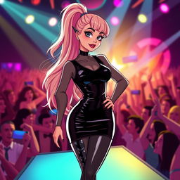 A stylized Wojak character inspired by Ariana Grande, featuring a sleek, form-fitting latex dress