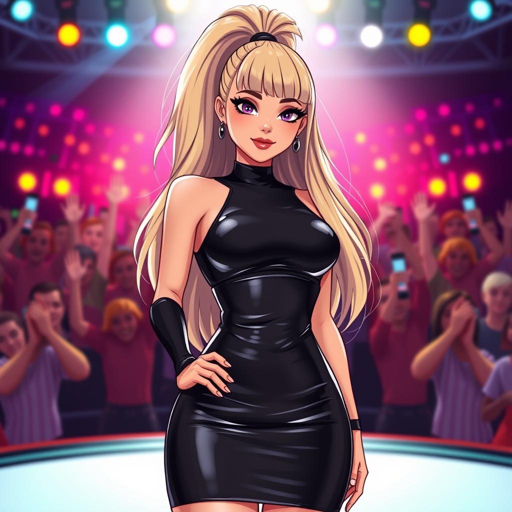 A stylized Wojak character inspired by Ariana Grande, featuring a sleek, form-fitting latex dress