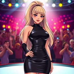 A stylized Wojak character inspired by Ariana Grande, featuring a sleek, form-fitting latex dress