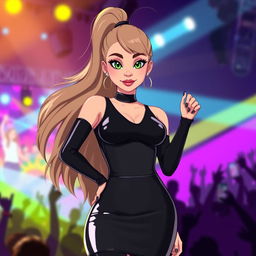 A stylized Wojak character inspired by Ariana Grande, featuring a sleek, form-fitting latex dress