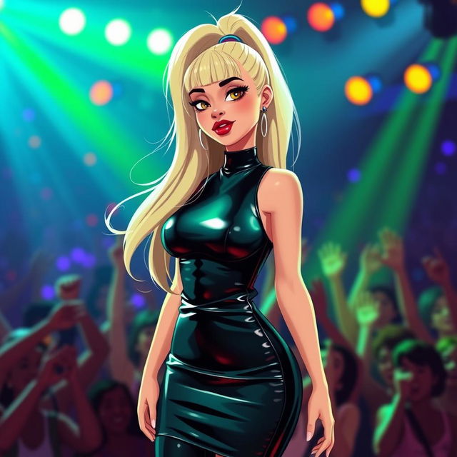 A stylized Wojak character inspired by Ariana Grande, featuring a sleek, form-fitting latex dress