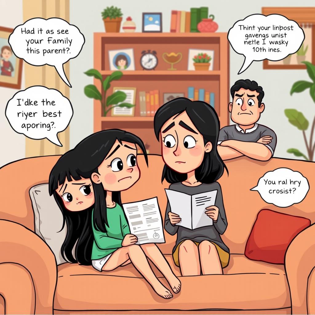 A comical clipart scene featuring a girl sitting on a sofa with a downcast expression after receiving a scolding from her parents