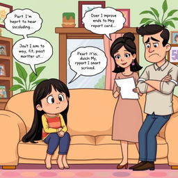 A comical clipart scene featuring a girl sitting on a sofa with a downcast expression after receiving a scolding from her parents