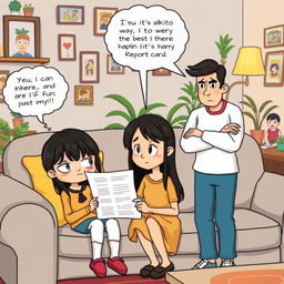 A comical clipart scene featuring a girl sitting on a sofa with a downcast expression after receiving a scolding from her parents