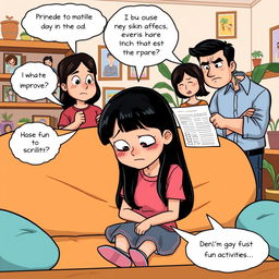 A comical clipart scene featuring a girl sitting on a sofa with a downcast expression after receiving a scolding from her parents