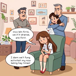 A humorous clipart scene depicting a girl with long brown hair sitting on a chair, looking upset after being scolded by her parents