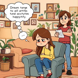A humorous clipart scene depicting a girl with long brown hair sitting on a chair, looking upset after being scolded by her parents