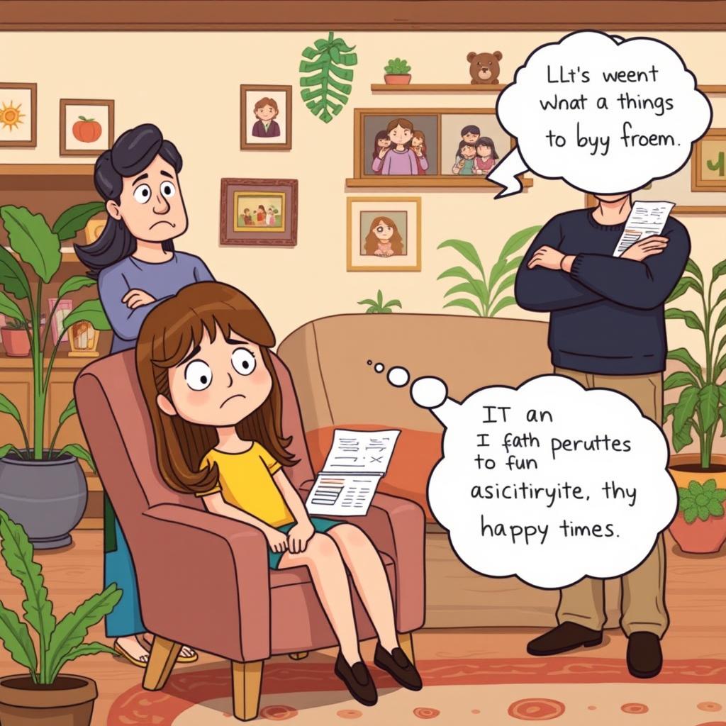 A humorous clipart scene depicting a girl with long brown hair sitting on a chair, looking upset after being scolded by her parents