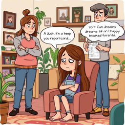 A humorous clipart scene depicting a girl with long brown hair sitting on a chair, looking upset after being scolded by her parents