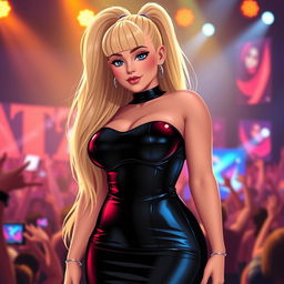 A stylized Wojak character inspired by a plus-size version of Ariana Grande, wearing a sleek, form-fitting latex dress