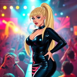 A stylized Wojak character inspired by a plus-size version of Ariana Grande, wearing a sleek, form-fitting latex dress