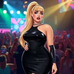 A stylized Wojak character inspired by a plus-size version of Ariana Grande, wearing a sleek, form-fitting latex dress
