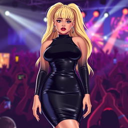 A stylized Wojak character inspired by a plus-size version of Ariana Grande, wearing a sleek, form-fitting latex dress