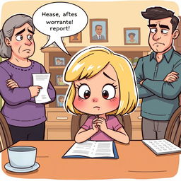 A whimsical clipart illustration of a girl looking disheartened as her parents scold her
