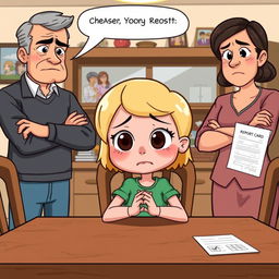 A whimsical clipart illustration of a girl looking disheartened as her parents scold her