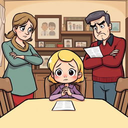 A whimsical clipart illustration of a girl looking disheartened as her parents scold her