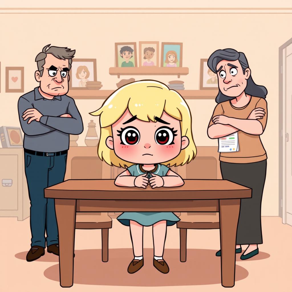 A whimsical clipart illustration of a girl looking disheartened as her parents scold her