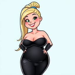 A stylized fat Wojak girl character, featuring a shiny black latex dress that hugs her curves