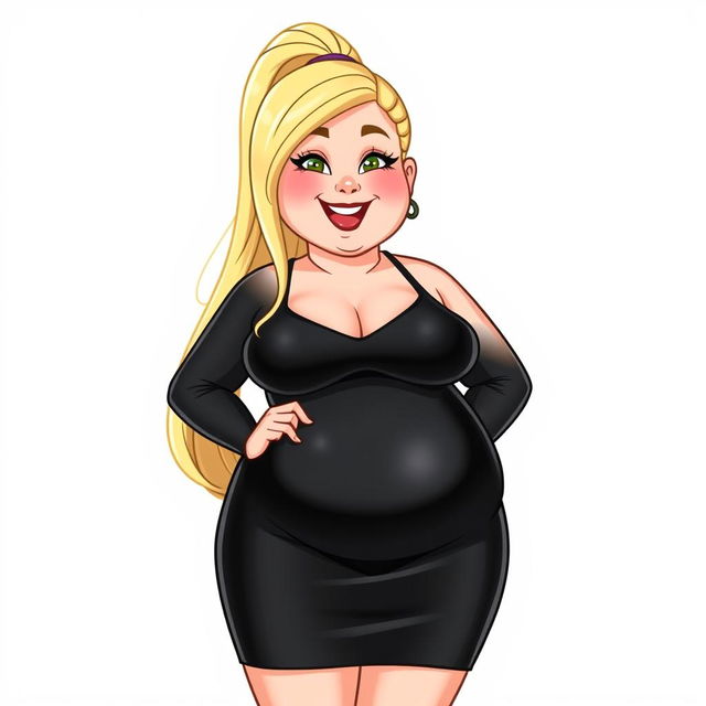 A stylized fat Wojak girl character, featuring a shiny black latex dress that hugs her curves