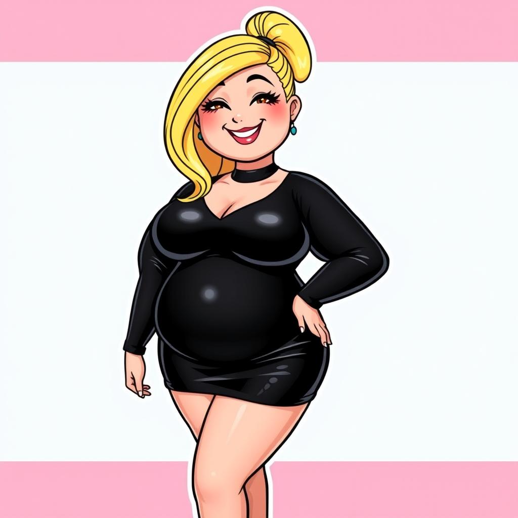 A stylized fat Wojak girl character, featuring a shiny black latex dress that hugs her curves