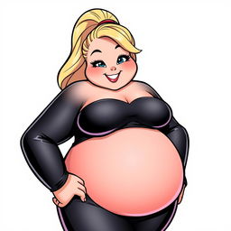 A stylized fat Wojak girl character, featuring a shiny black latex dress that hugs her curves