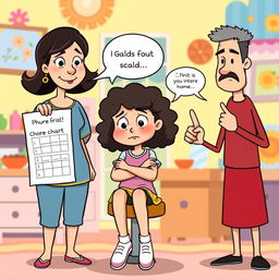 A playful clipart illustration showing a girl with medium-length curly hair, looking a bit distressed as her parents scold her