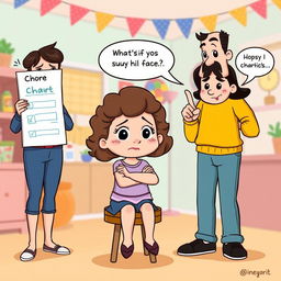 A playful clipart illustration showing a girl with medium-length curly hair, looking a bit distressed as her parents scold her