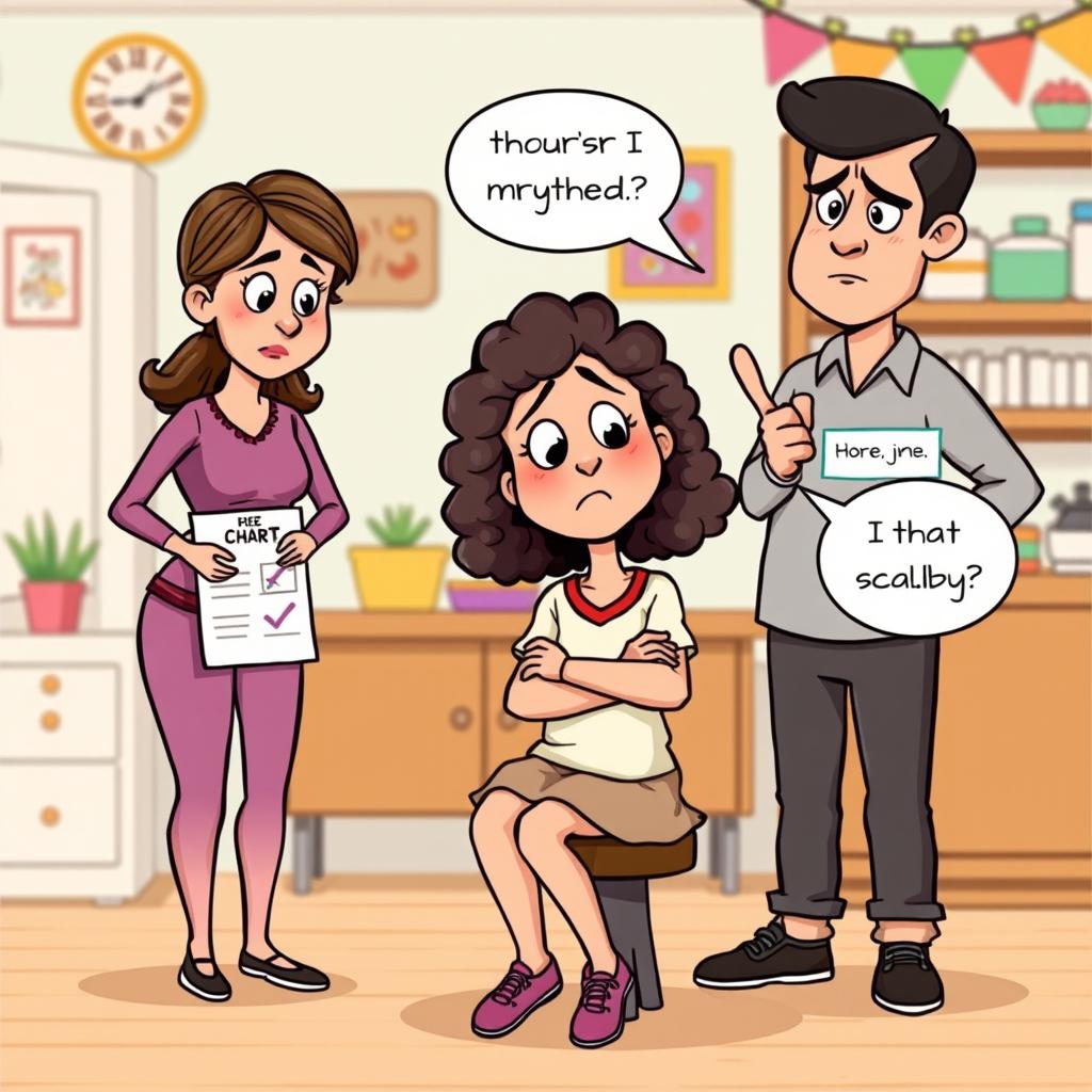 A playful clipart illustration showing a girl with medium-length curly hair, looking a bit distressed as her parents scold her
