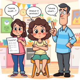 A playful clipart illustration showing a girl with medium-length curly hair, looking a bit distressed as her parents scold her