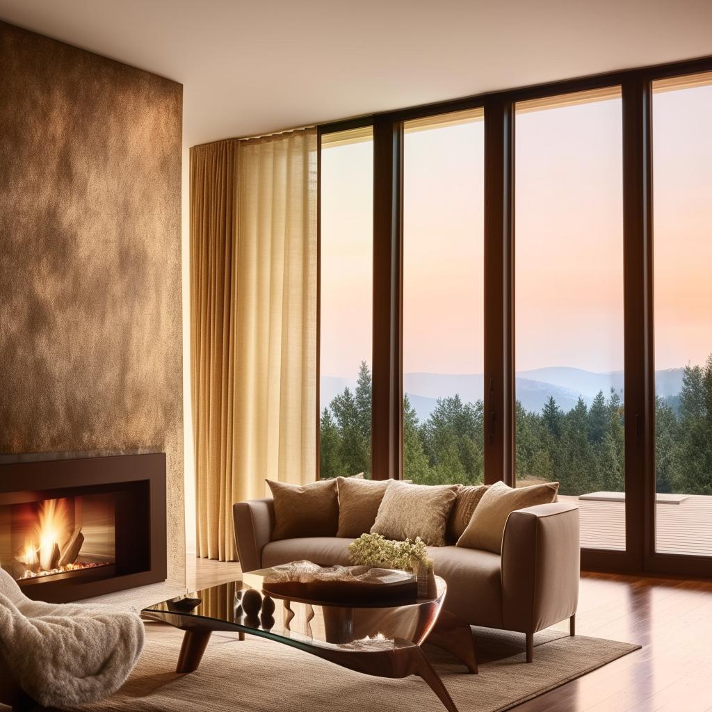 A luxurious and modern living room with trendy furniture, a glowing fireplace, large windows draped with elegant curtains, on a well-polished wooden floor, with enchanting wall art and warm ambient lighting