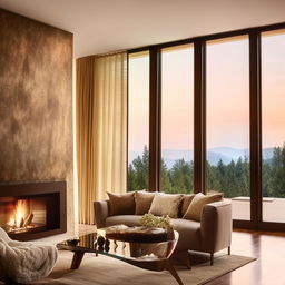 A luxurious and modern living room with trendy furniture, a glowing fireplace, large windows draped with elegant curtains, on a well-polished wooden floor, with enchanting wall art and warm ambient lighting