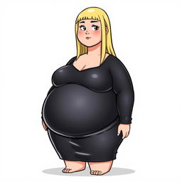 A stylized fat Wojak girl character wearing a shiny black latex dress that fits snugly around her figure