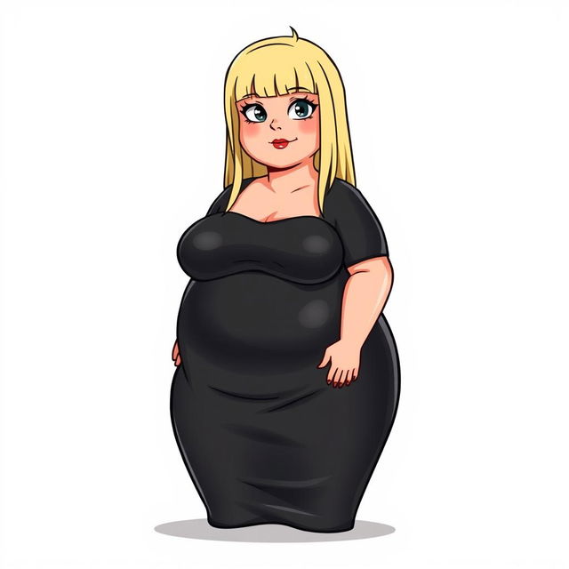 A stylized fat Wojak girl character wearing a shiny black latex dress that fits snugly around her figure