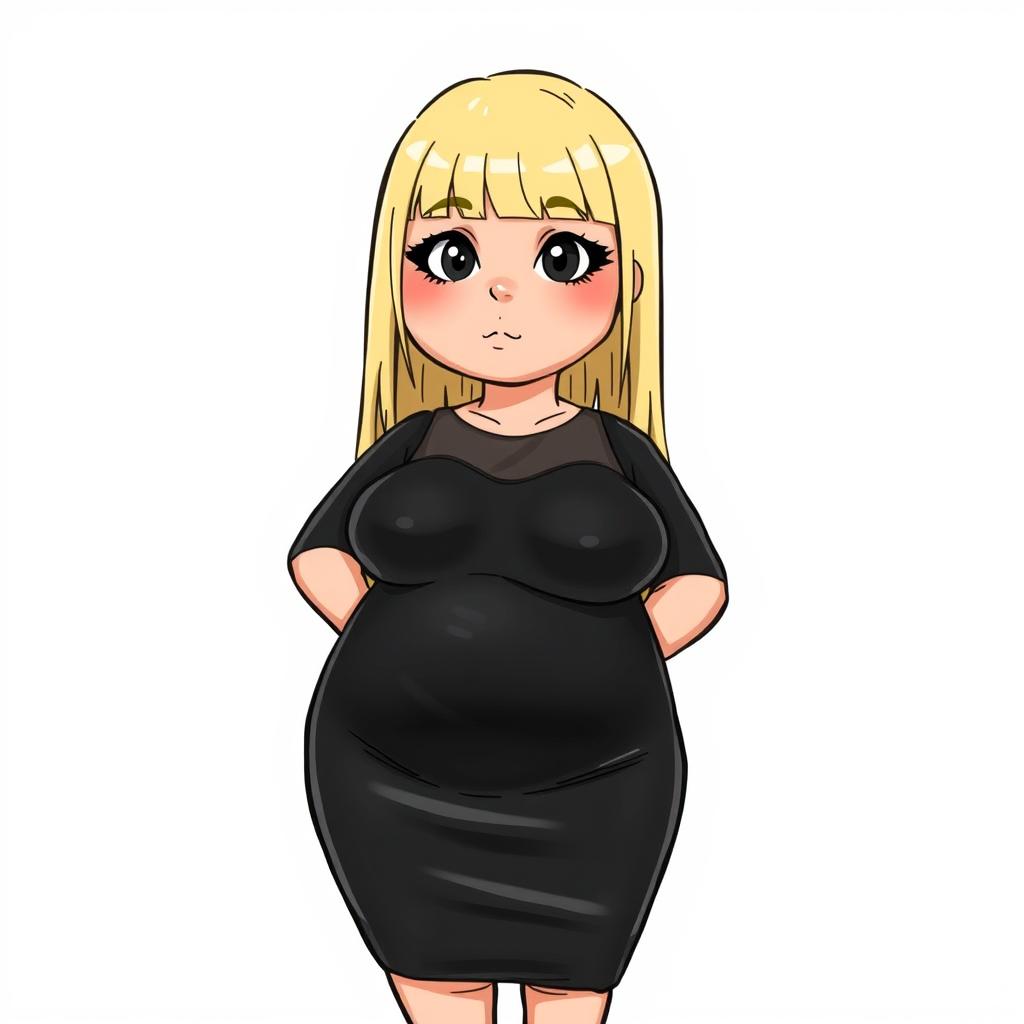 A stylized fat Wojak girl character wearing a shiny black latex dress that fits snugly around her figure