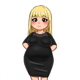 A stylized fat Wojak girl character wearing a shiny black latex dress that fits snugly around her figure