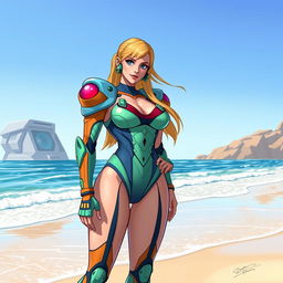 An illustration of Samus Aran, the iconic video game bounty hunter, depicted in a stylish swimsuit