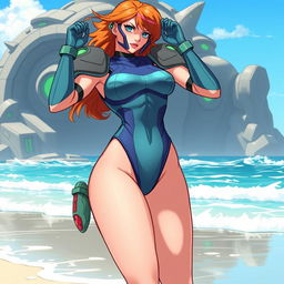 An illustration of Samus Aran, the iconic video game bounty hunter, depicted in a stylish swimsuit