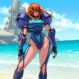 An illustration of Samus Aran, the iconic video game bounty hunter, depicted in a stylish swimsuit
