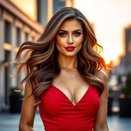 A stunning 30-year-old woman exuding confidence and allure, with flowing wavy hair styled elegantly