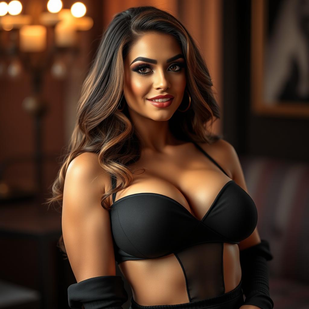 A stunning 30-year-old woman with a glamorous look, featuring big breasts and captivating curves