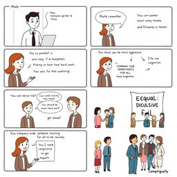 A simple 8-paneled comic strip illustrating gender discrimination with a relatable scenario in each panel