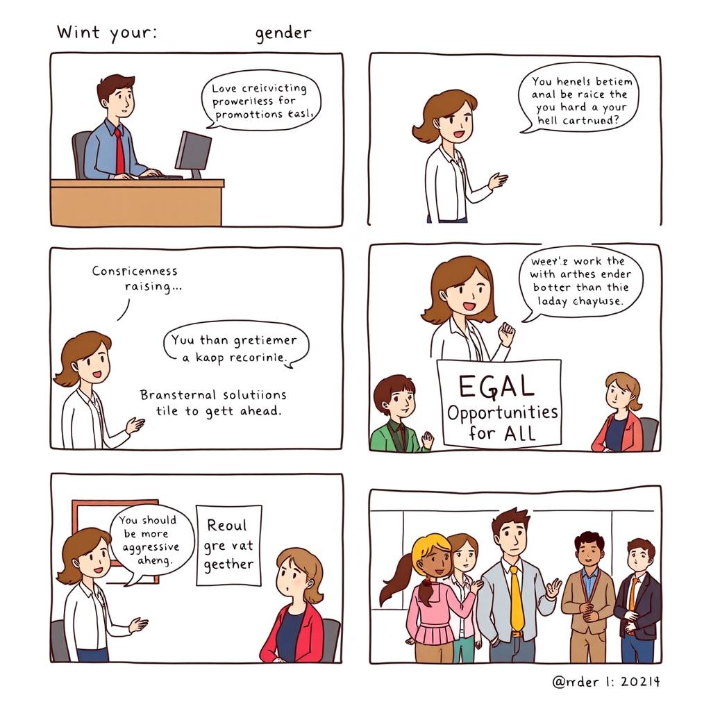 A simple 8-paneled comic strip illustrating gender discrimination with a relatable scenario in each panel